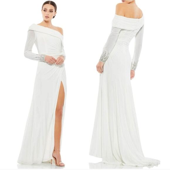 Mac Duggal 12231 White Beaded Cuff Drop Shoulder Faux Wrap Gown Dress Size 0